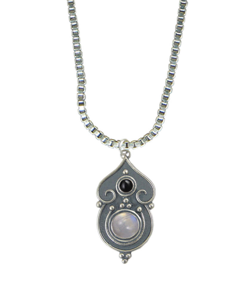 Sterling Silver Necklace Rainbow Moonstone And Black Onyx